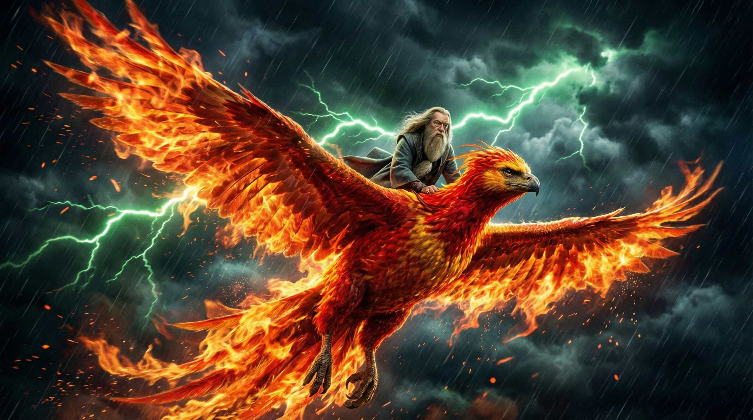 Fawkes rescuing Dumbledore in a burst of phoenix flames during the Ministry battle