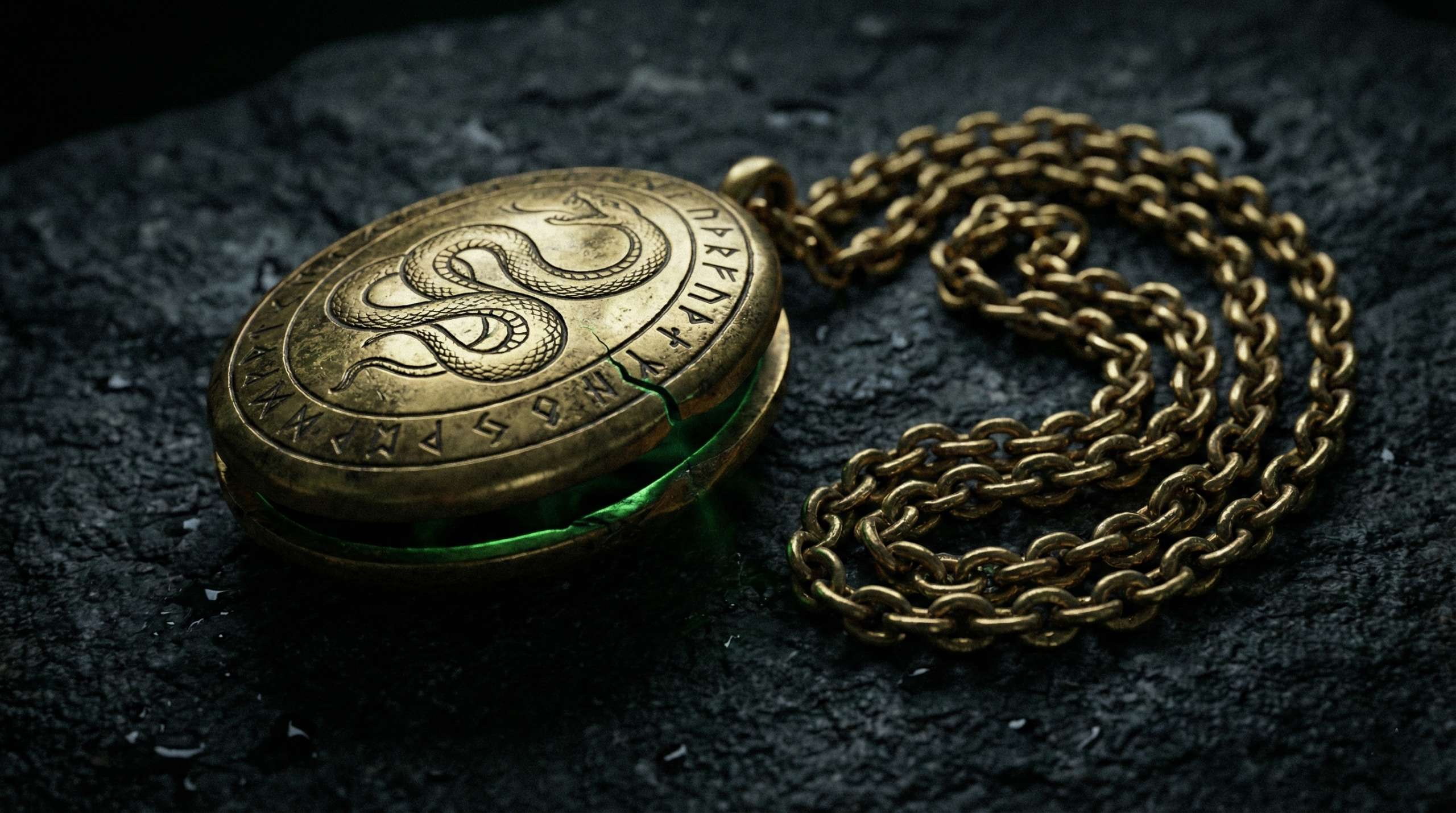 Slytherin locket Horcrux with green glow hidden detail Harry Potter Half-Blood Prince