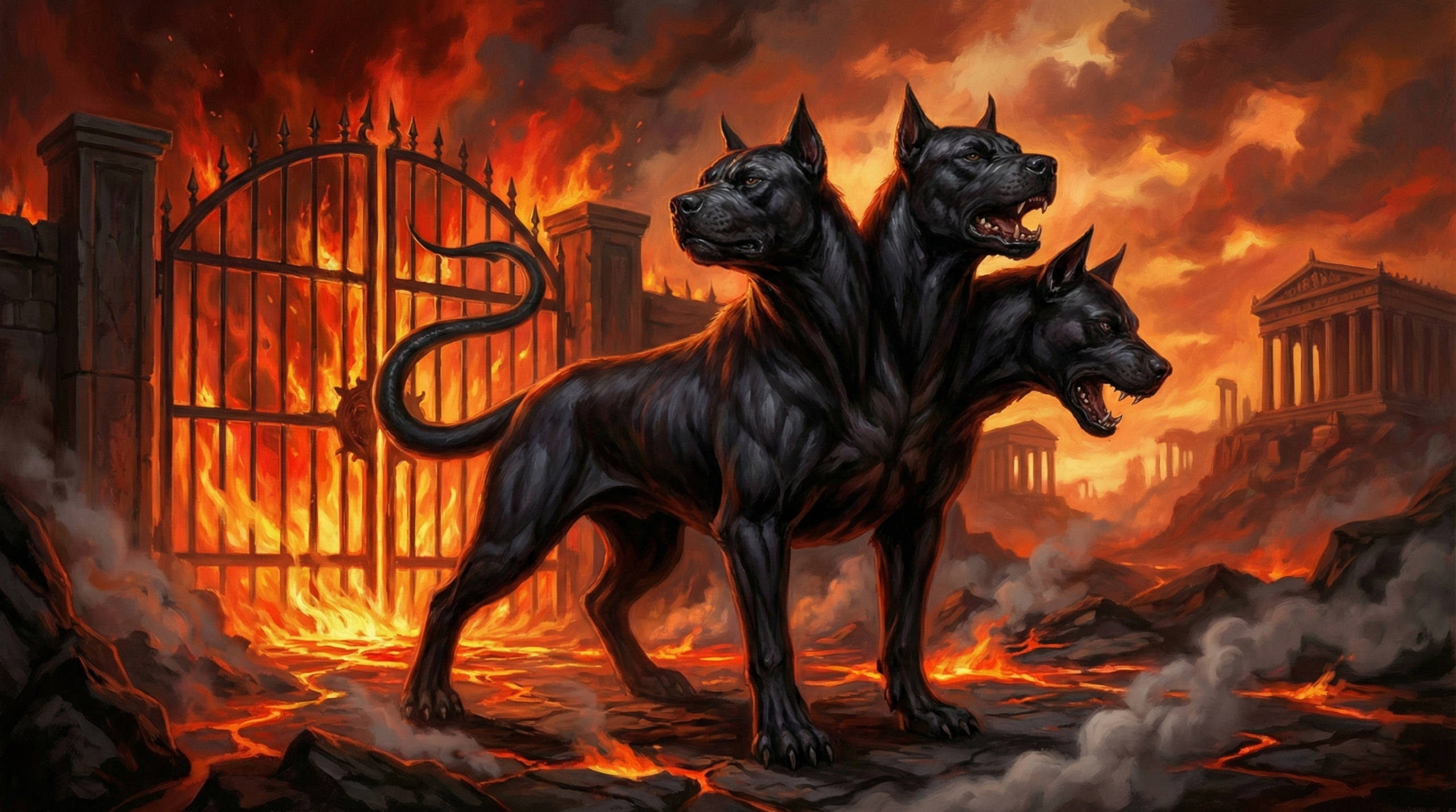 Cerberus the three-headed dog from Greek mythology guarding the gates of Hades
