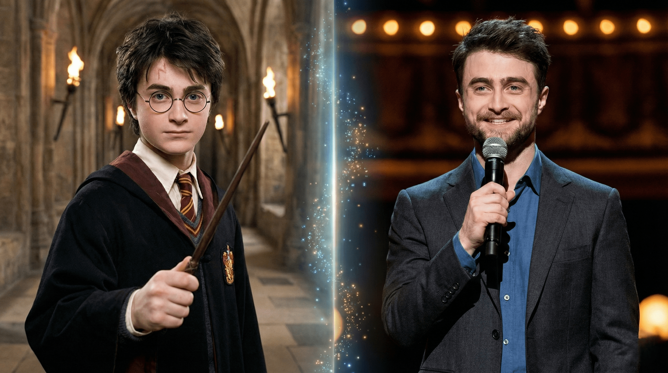 Daniel Radcliffe then and now — from Harry Potter in Sorcerer's Stone to 2026 career.