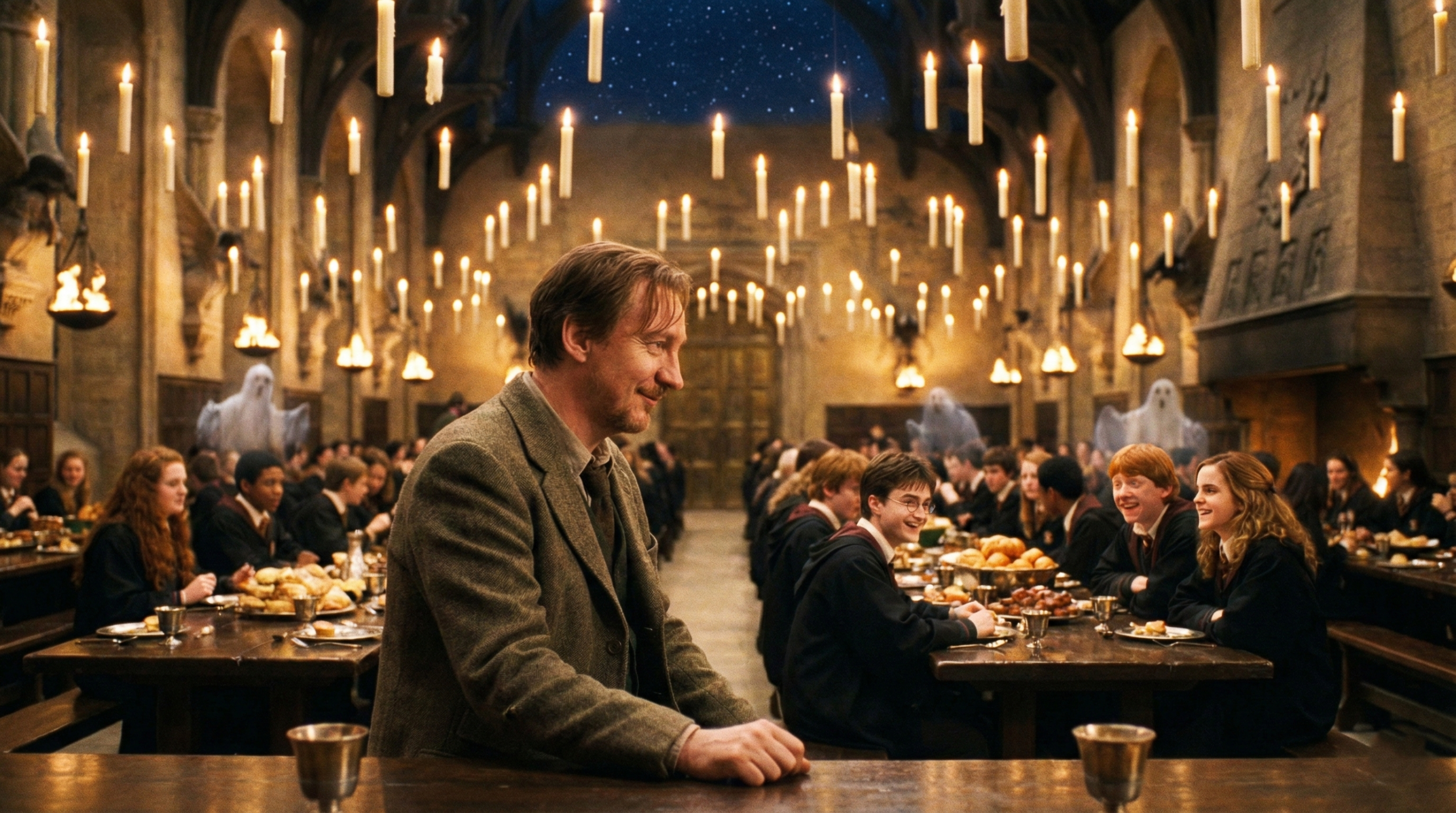 Professor Remus Lupin at Hogwarts staff table smiling warmly during feast