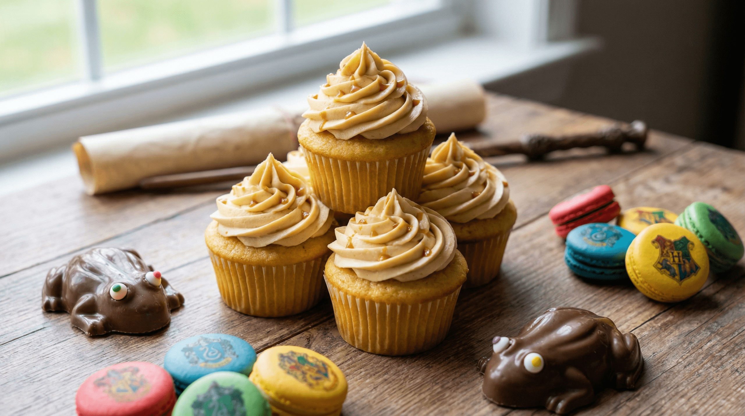 Homemade butterbeer cupcakes, chocolate frogs and Hogwarts house macarons – recreate Harry Potter: Wizards of Baking at home