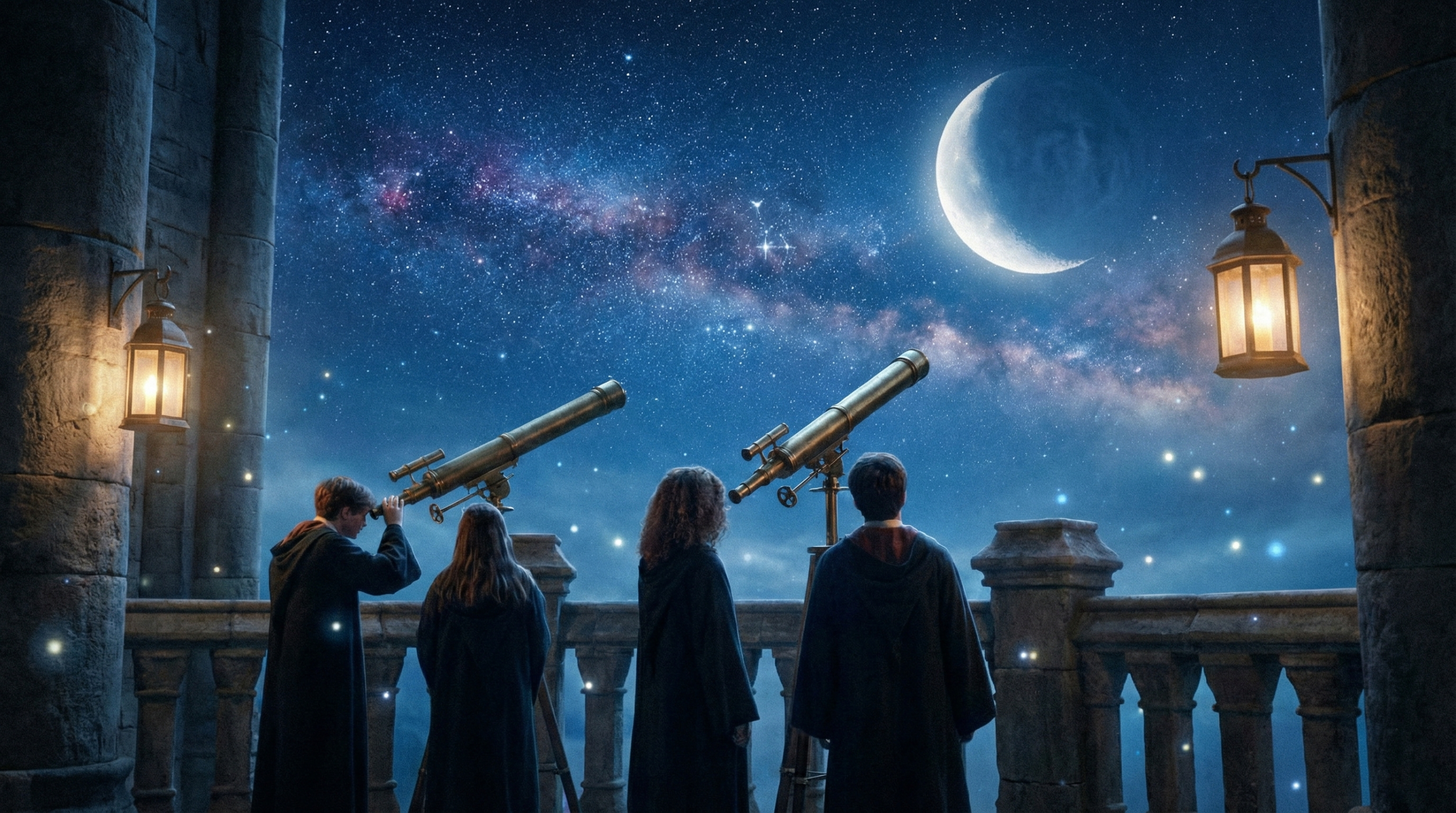 Hogwarts Astronomy tower nighttime lesson with telescopes and starry sky
