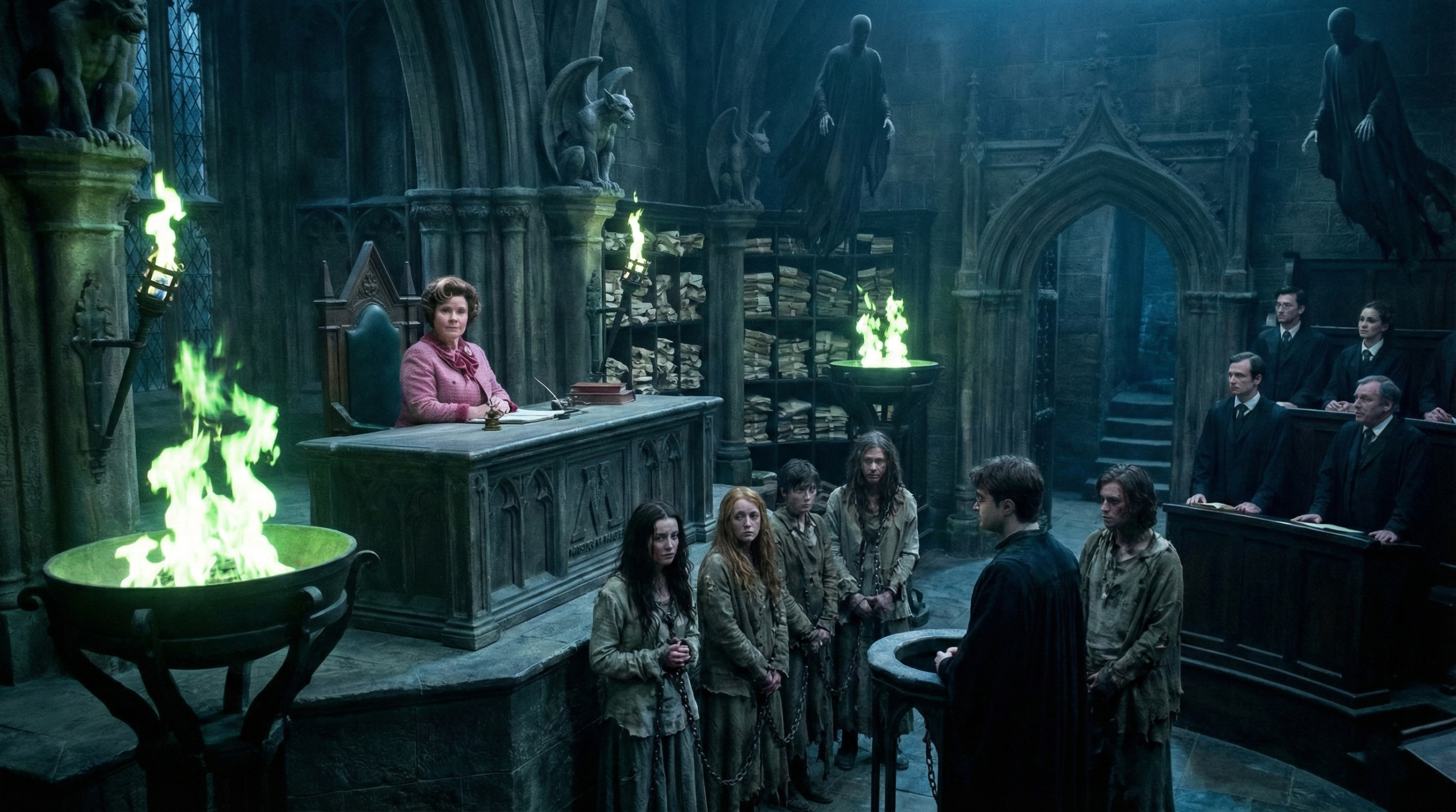 Dolores Umbridge presiding over the cruel Muggle-Born Registration Commission in Deathly Hallows