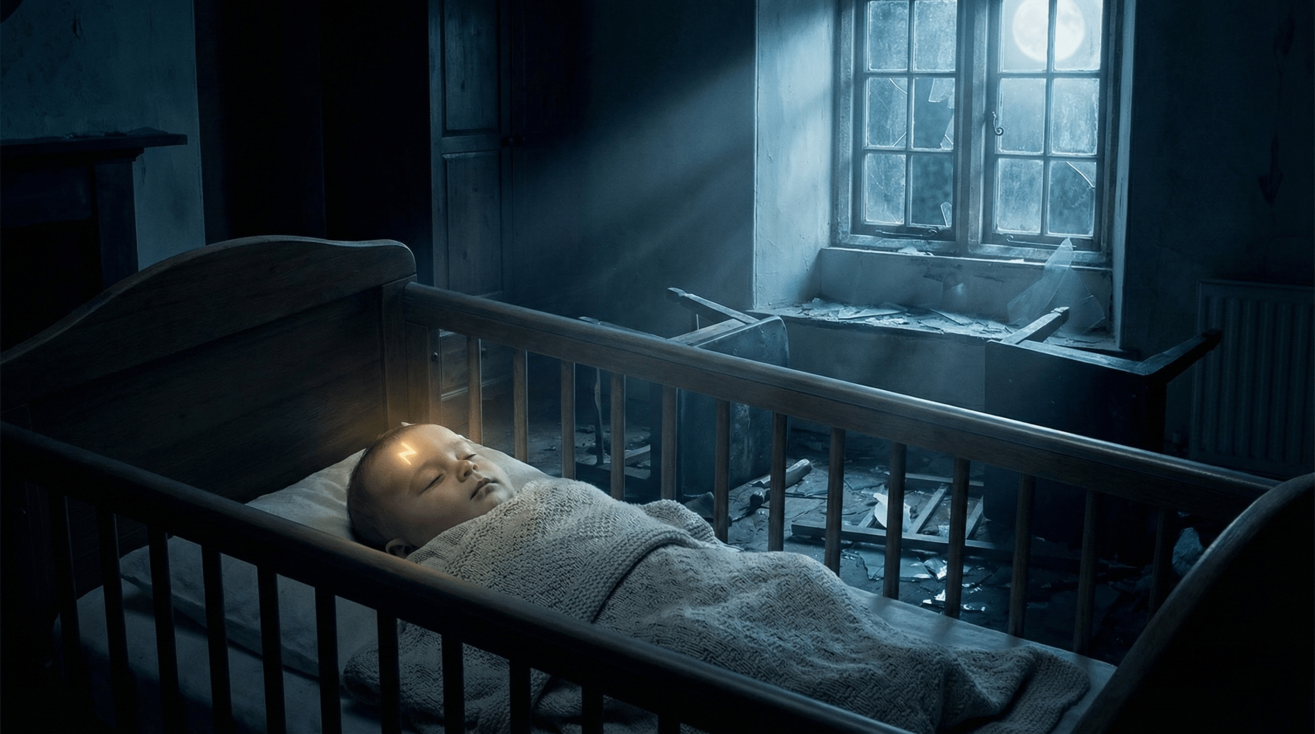 Baby Harry Potter marked with lightning scar after Voldemort's attack, fulfilling the prophecy