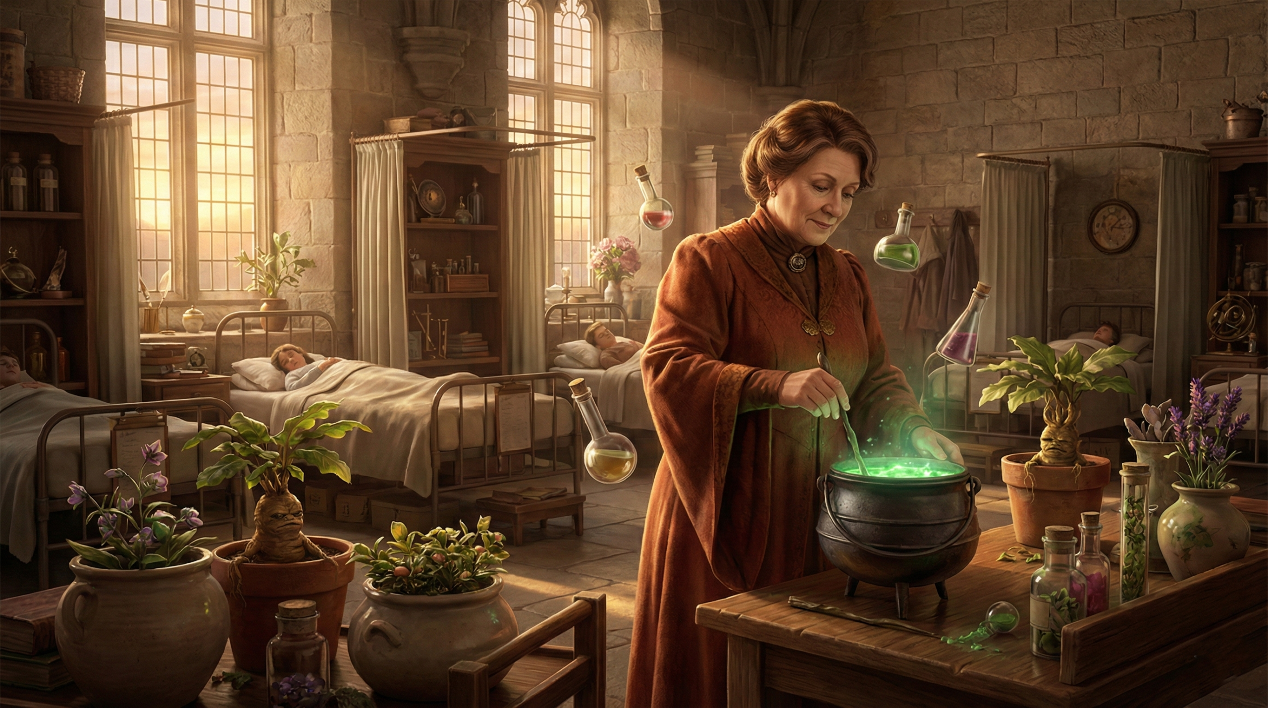 Underrated powerful witch healer working in Hogwarts hospital wing with magical potions