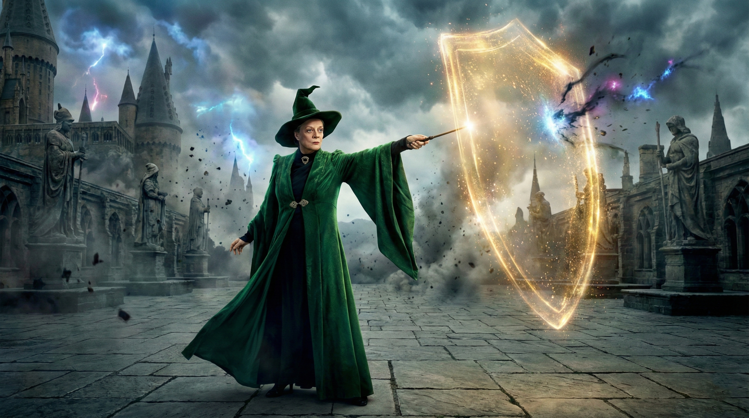 Professor McGonagall casting protective magic during the Battle of Hogwarts