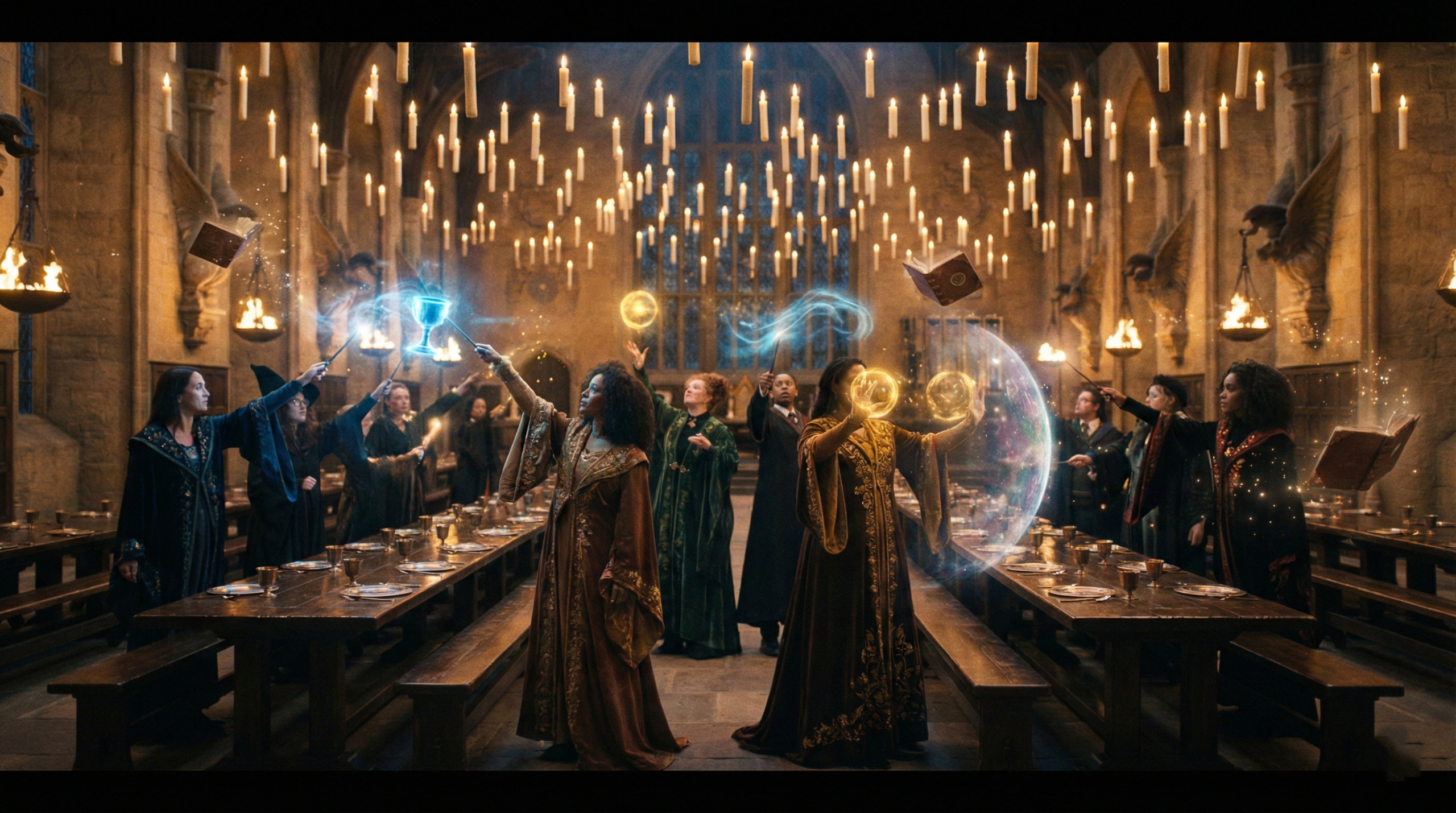 Powerful witches casting advanced spells in Hogwarts Great Hall illustrating magical talent and versatility