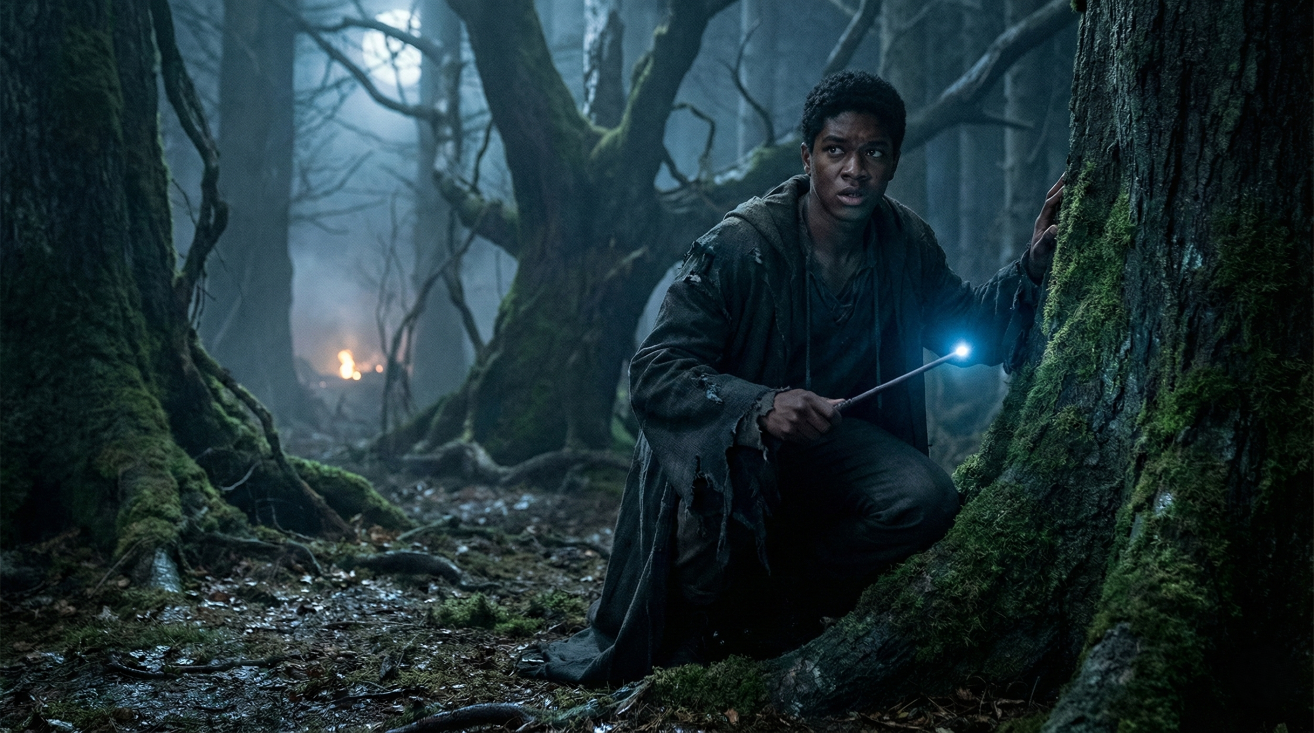 Dean Thomas fugitive on the run in Deathly Hallows forest scene