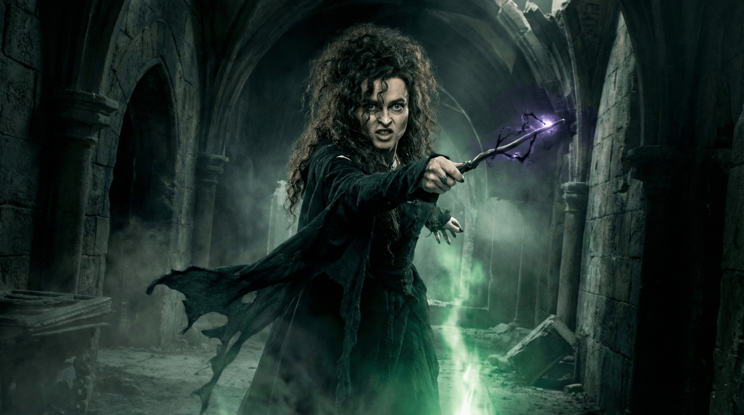Bellatrix Lestrange unleashing dark magic in a shadowy corridor Harry Potter