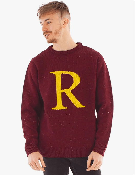 Harry Potter R for Ron Adults Christmas Jumper | Ron Weasley Letter R Xmas Knitted Sweatshirt | Movie Apparel Gift in Red
