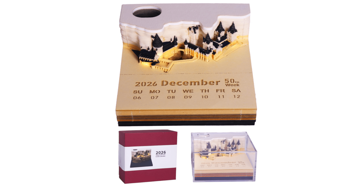 3D Creative Time Piece Calendar 2026 Desk Calendar,Magic Castle with LED Lights,Tear-Away Notepad,Paper Carving Art Craft Gift for Christmas
