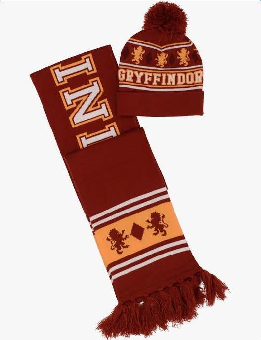 Harry Potter Wizarding World Gryffindor, Slytherin, Ravenclaw, Hufflepuff House Knit Scarf & Cuff Beanie Set, One Size (GRYFFINDOR)
