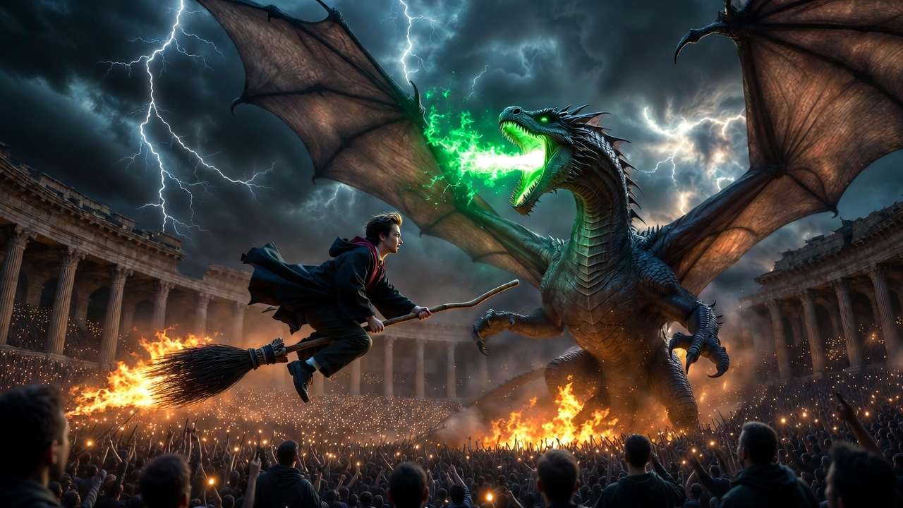 Harry Potter facing Hungarian Horntail dragon in Triwizard Tournament dramatic night scene