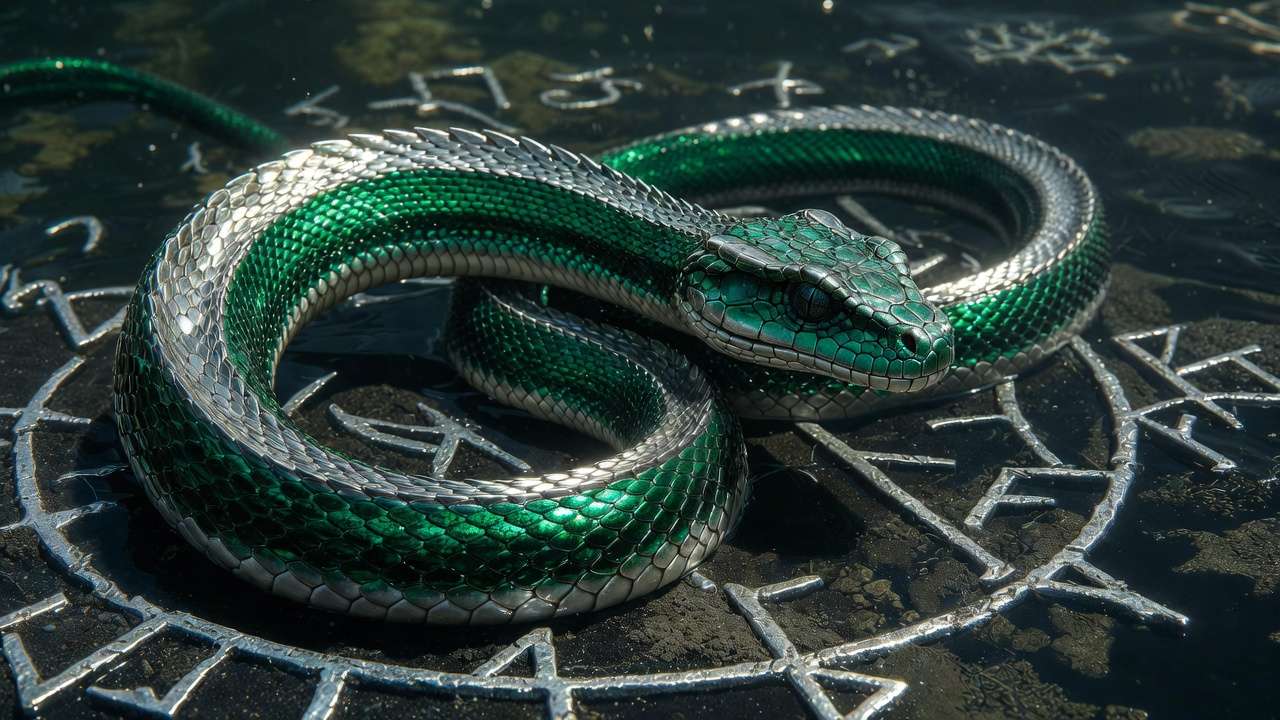 Slytherin serpent symbol in green and silver underwater depths evoking ambition, cunning, and resourcefulness