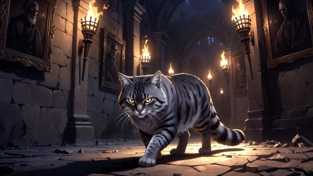 Mrs. Norris gray tabby cat patrolling Hogwarts corridors fantasy scene