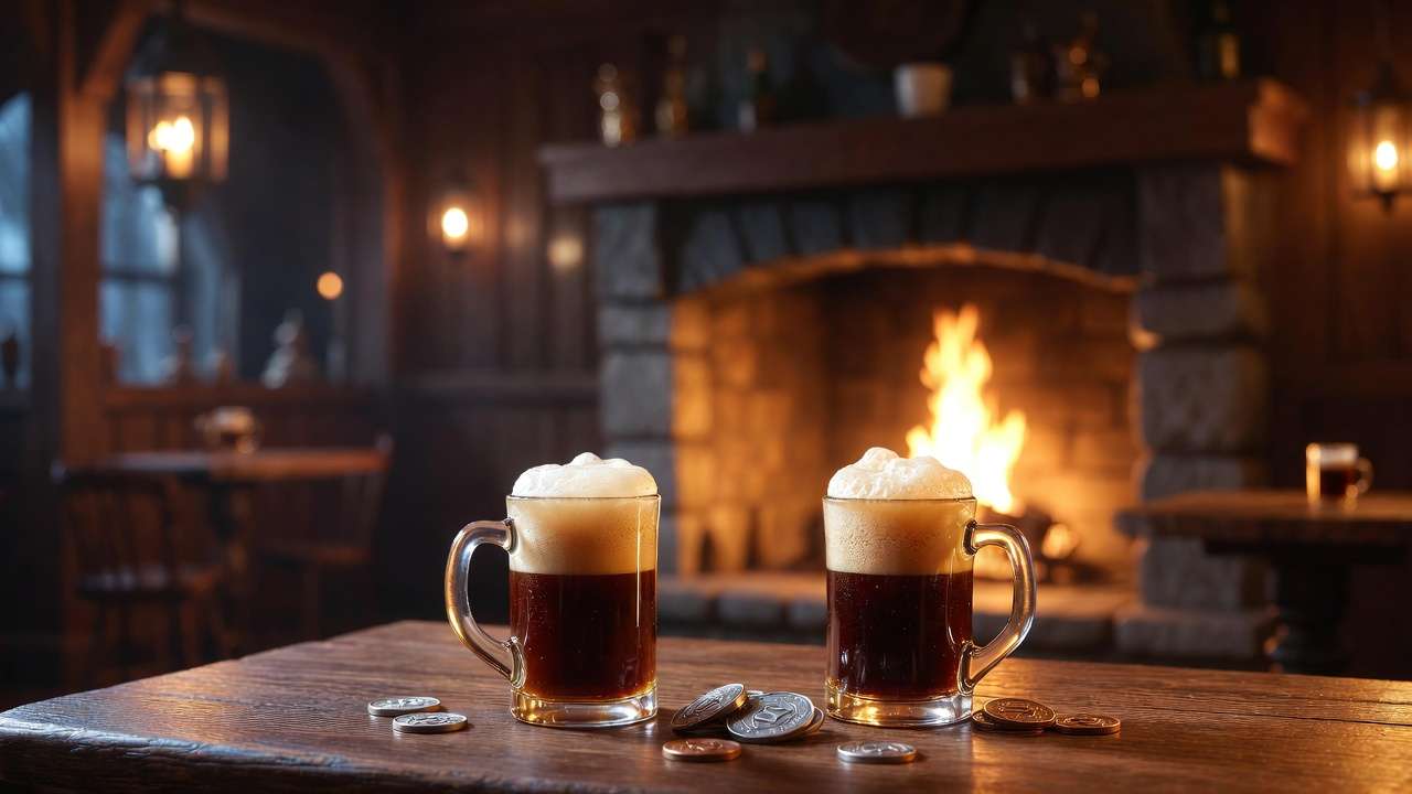 Butterbeer tankards and silver Sickles on table at Three Broomsticks pub
