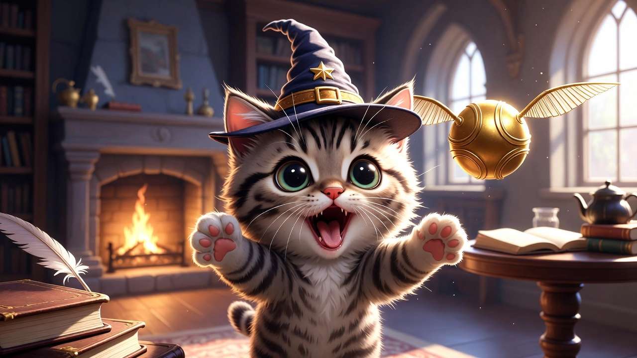 Playful kitten chasing golden Snitch in Hogwarts common room magical scene