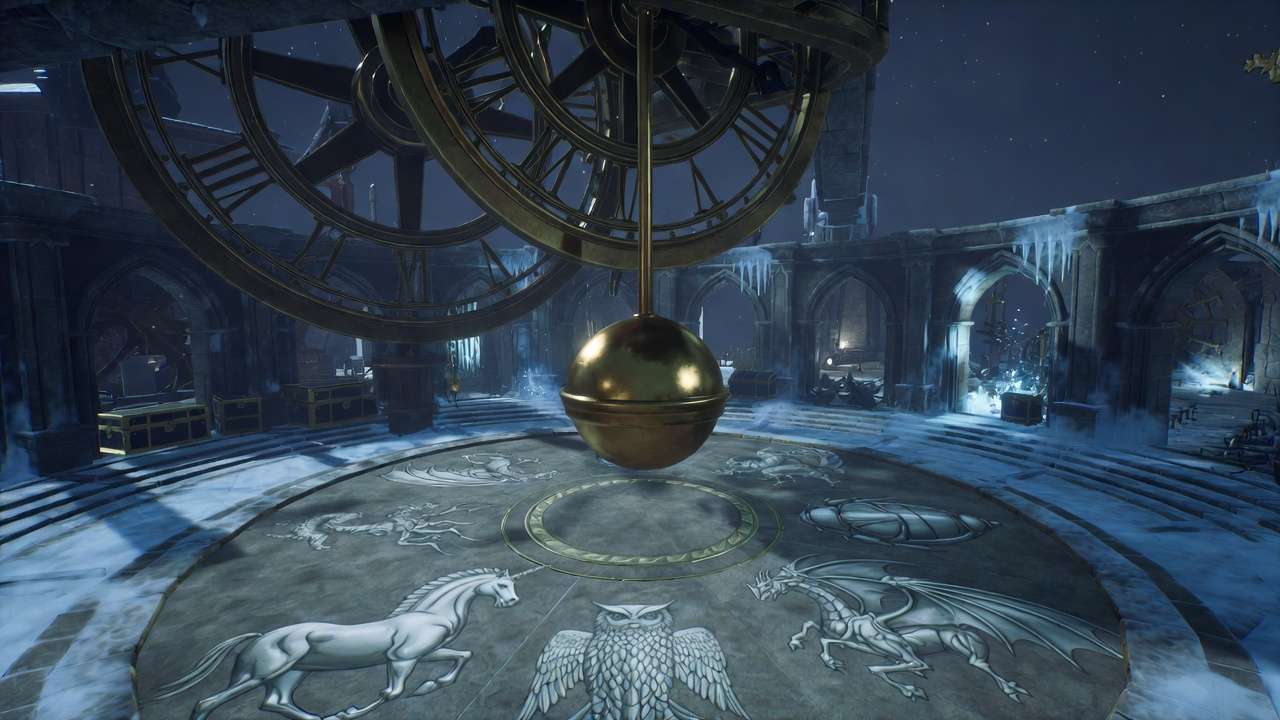 Hogwarts Legacy Clock Tower pendulum puzzle solution with frozen swing and symbol doors unlocked.