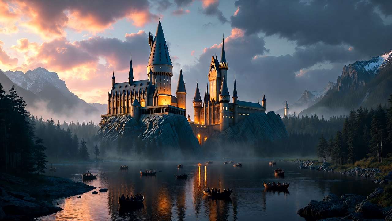 Hogwarts Castle first reveal scene from Harry Potter and the Sorcerer's Stone.