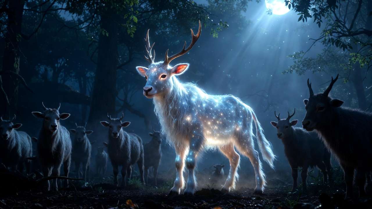 Rare shiny Mooncalf variant glowing in a moonlit Hogwarts Legacy forest den