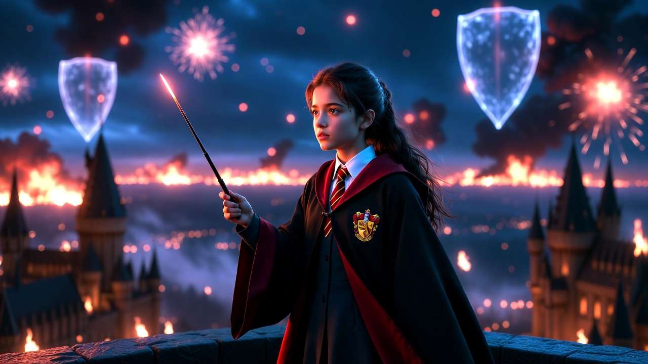 Romilda Vane standing heroically during the Battle of Hogwarts