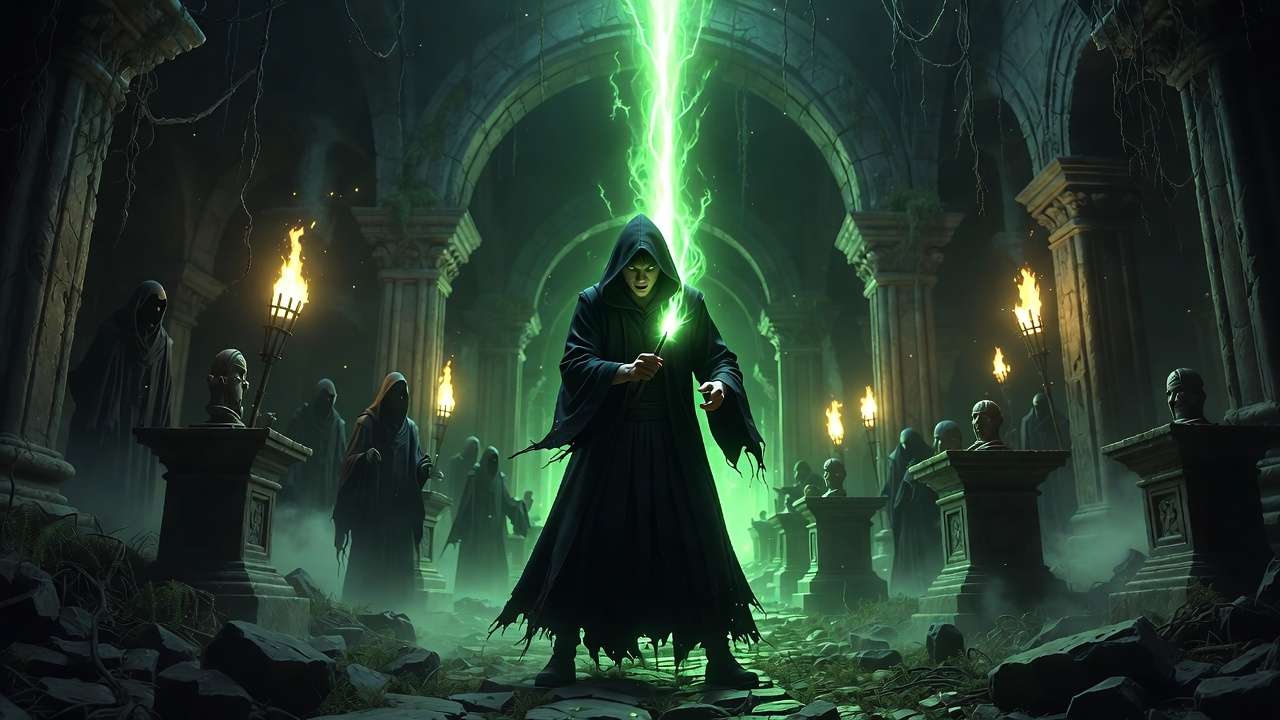 Hogwarts Legacy player casting Avada Kedavra green killing curse in Feldcroft catacombs during Sebastian Sallow quest