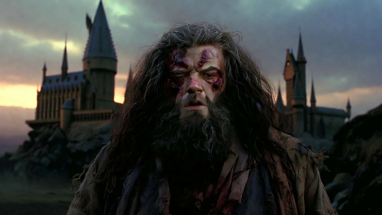 Injured and weary Hagrid after his mission to the giants, capturing his haggard appearance Harry Potter
