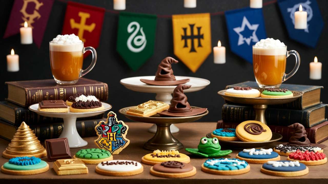 Magical Honeydukes dessert table with variety of Harry Potter themed cookies for parties These images will significantly boost visual storytelling, dwell time, and shareability while staying perfectly on-theme!