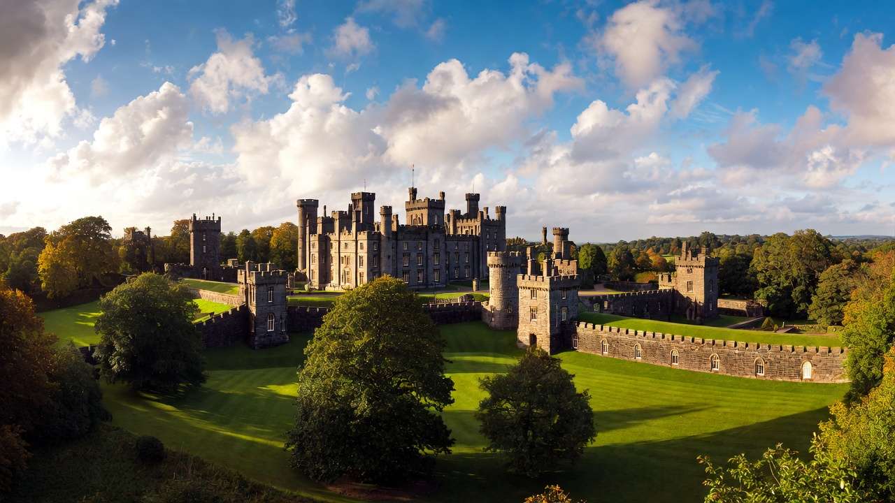 Panoramic view of Alnwick Castle grounds, the real-life Hogwarts exterior in 2026