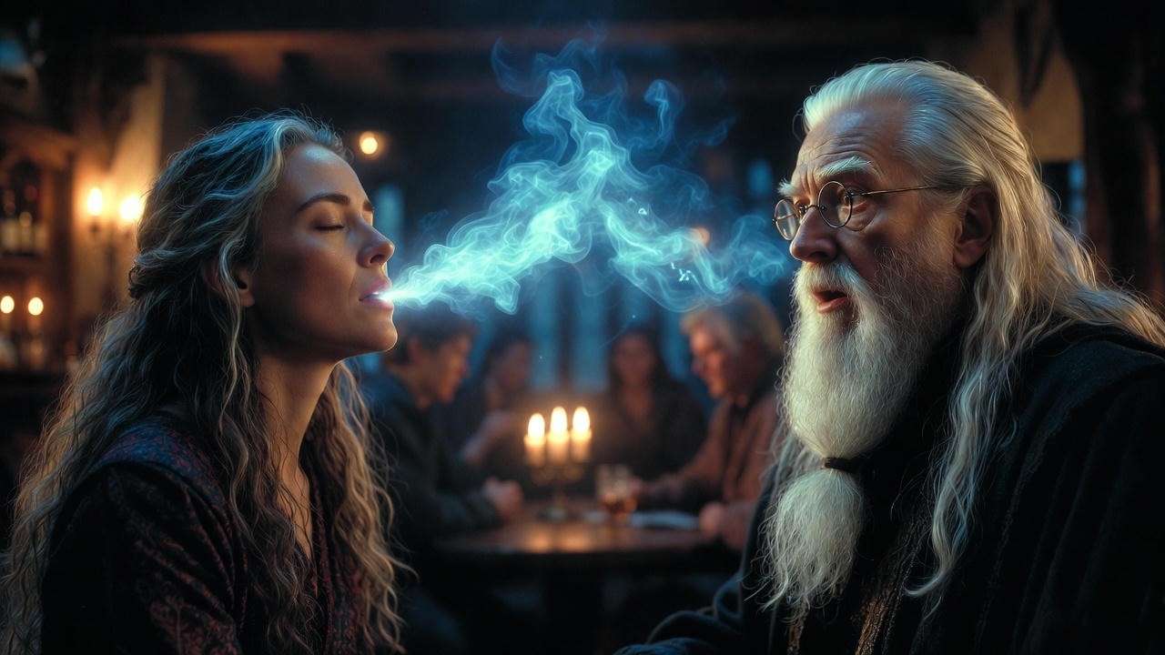 Sybill Trelawney delivering the prophecy to Dumbledore in the Hog’s Head pub