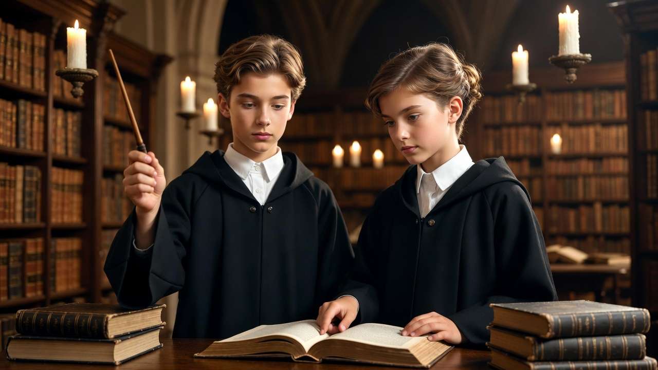 Young witches and wizards studying in Hogwarts library Harry Potter