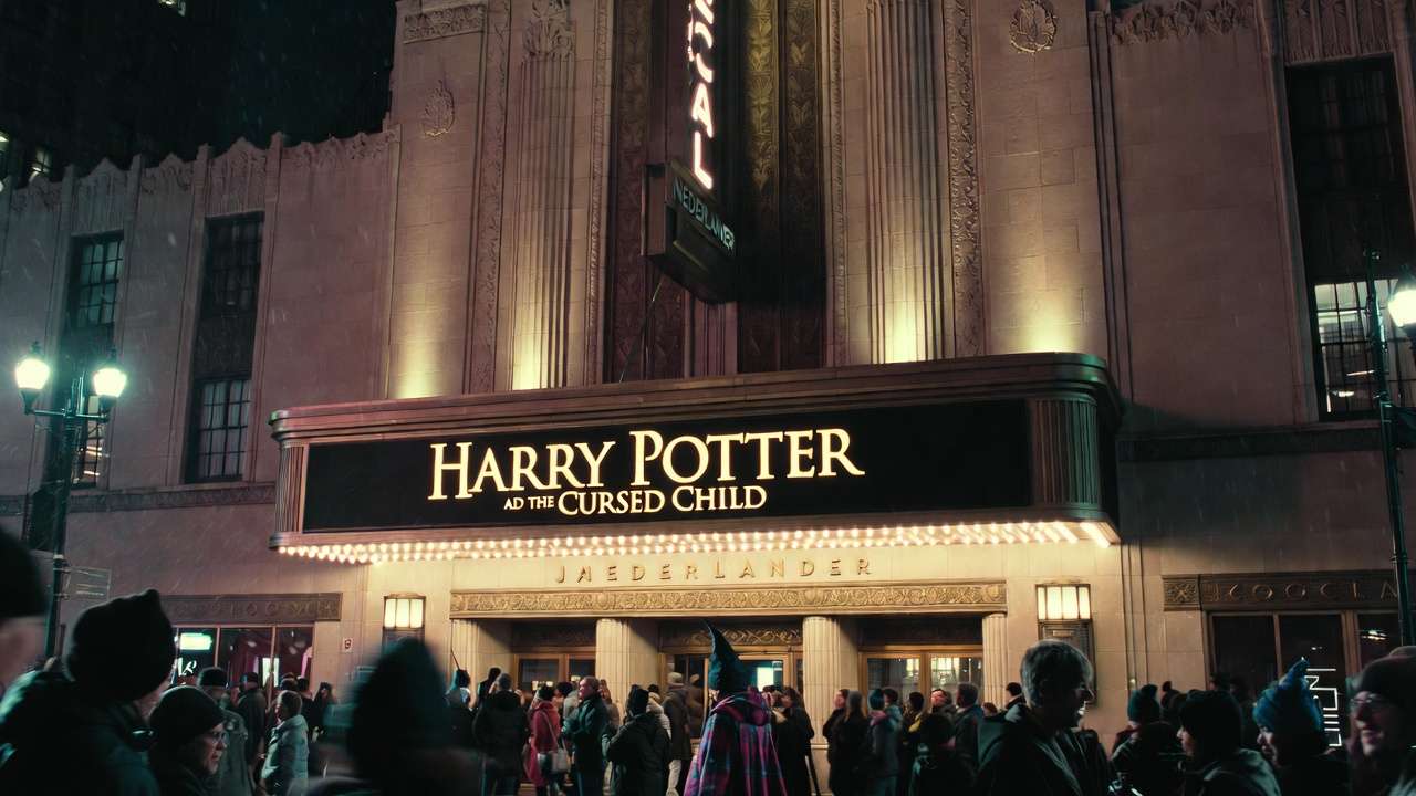 Nederlander Theatre Chicago marquee lit up for Harry Potter and the Cursed Child North American tour premiere
