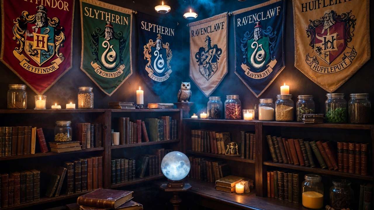Immersive Hogwarts house decor and floating candles for Harry Potter escape room at home