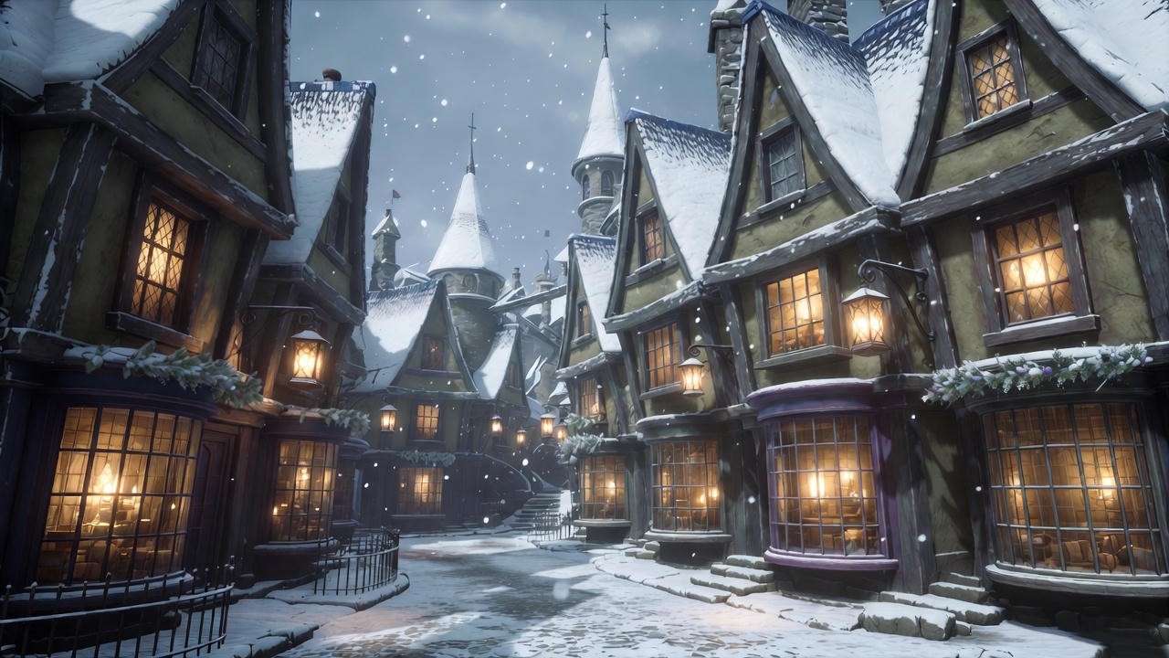 Winter snowfall in Hogsmeade village showcasing seasonal changes in Hogwarts Legacy