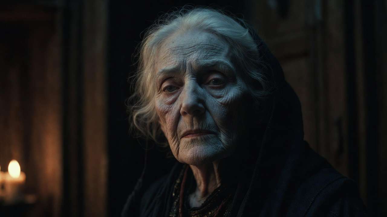 Haunting close-up of Bathilda Bagshot in Deathly Hallows film scene