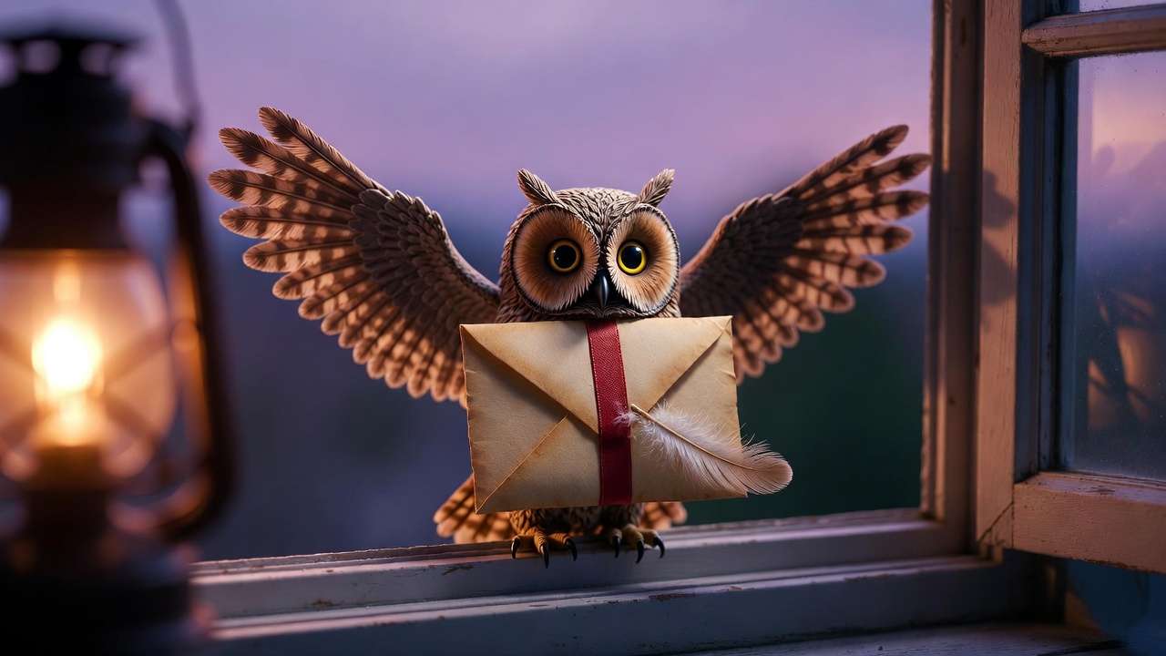 Owl delivering sealed Harry Potter birthday invitation envelope in magical twilight setting