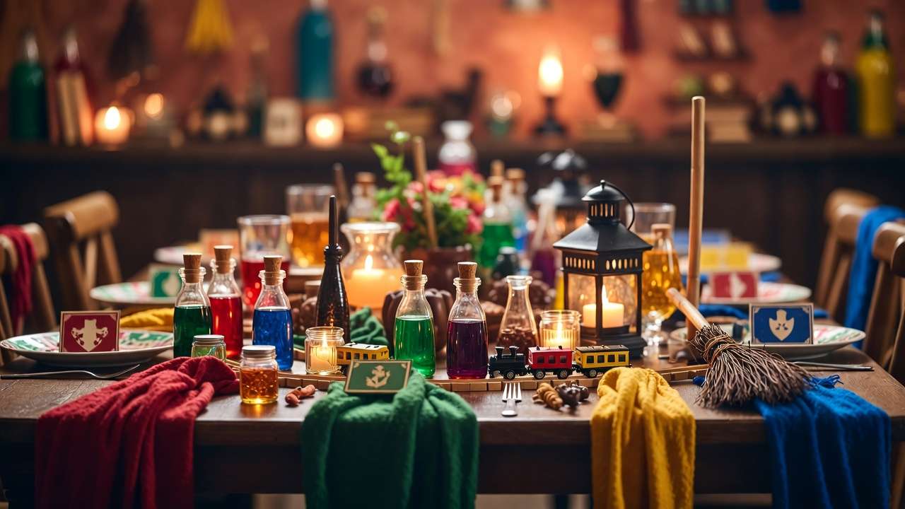 Creative Harry Potter sign uses in party decor with potions and house scarves for events.