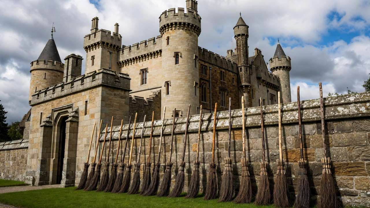 Row of Harry Potter broomsticks at the entrance of Alnwick Castle, ready for training