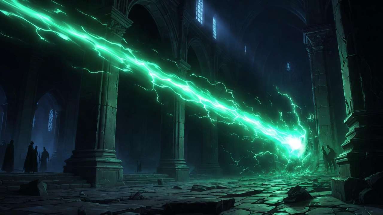 Green Killing Curse Avada Kedavra beam in dark wizarding hall Harry Potter lore style