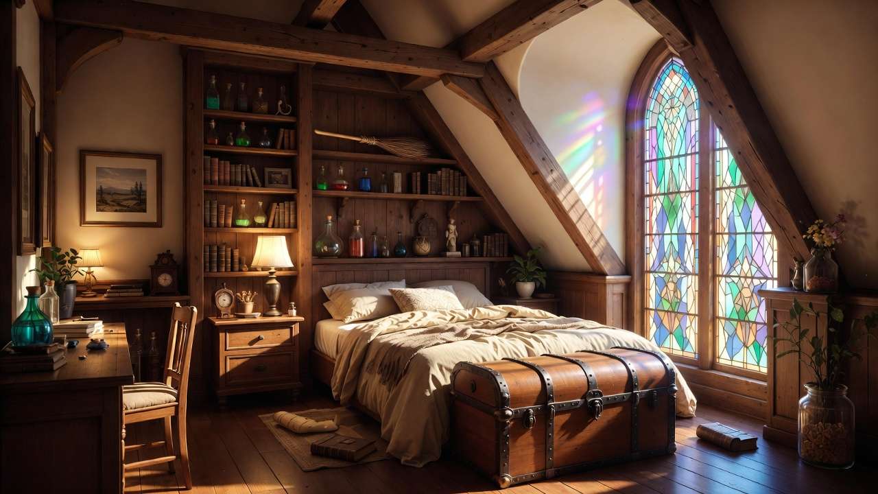 Cozy interior of Silverthorn Apothecary cottage in Harry Potter Village Asheville NC, magical bedroom with stained glass and potion decor