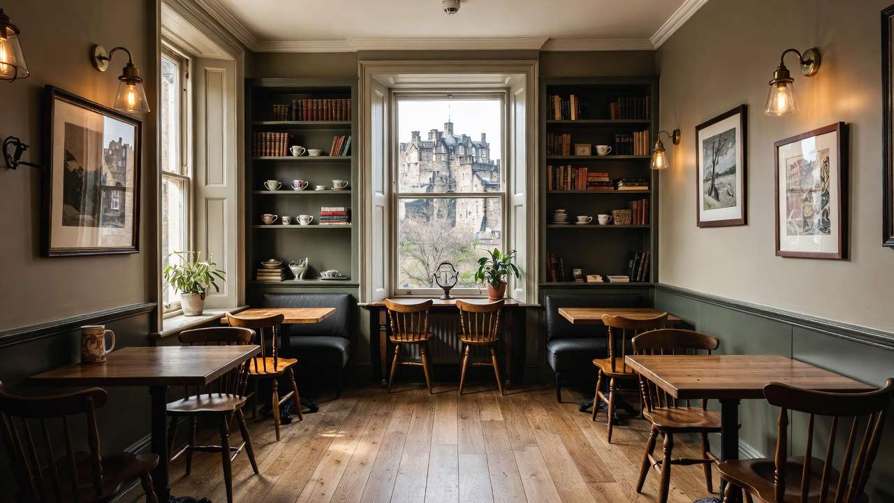Cozy interior of The Elephant House cafe Edinburgh with Edinburgh Castle view