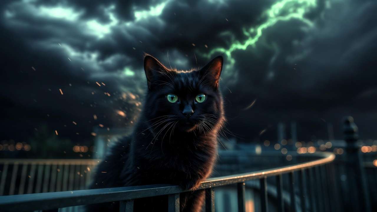 Sleek black cat Sirius Black inspired Astronomy Tower night fantasy