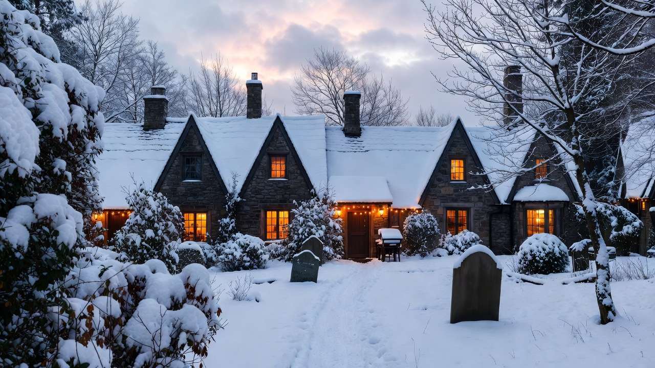 Snow-covered cottages and graveyard in Godric's Hollow at dusk