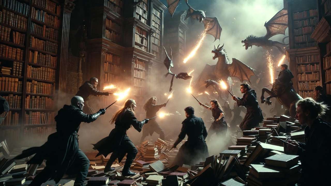 Intense archives battle with flying books and creatures in Harry Potter and the Battle at the Ministry ride