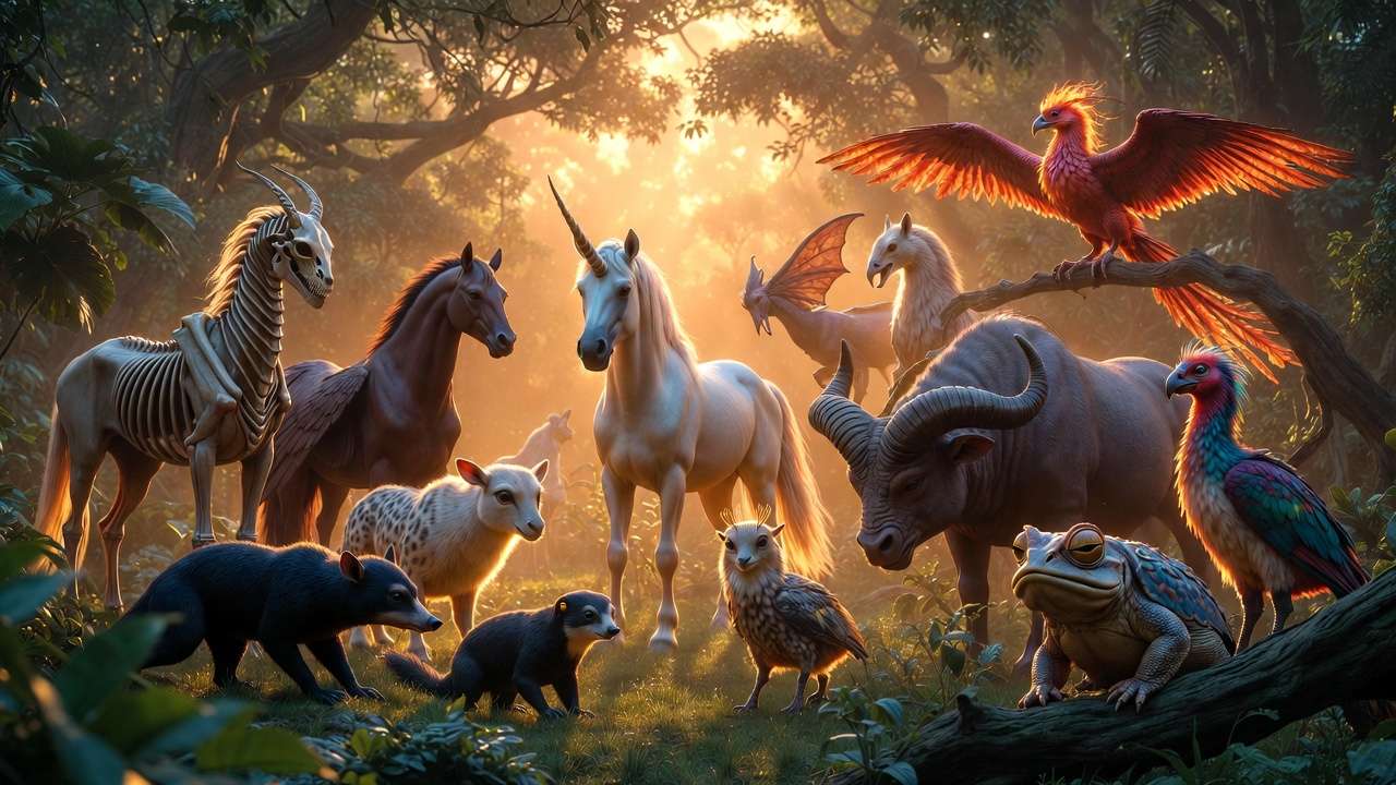 All 13 magical beasts from Hogwarts Legacy gathered in a enchanted forest clearing