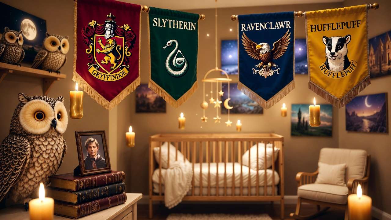 Cozy Harry Potter nursery with Hogwarts house banners above a crib, magical floating candles and plush owls