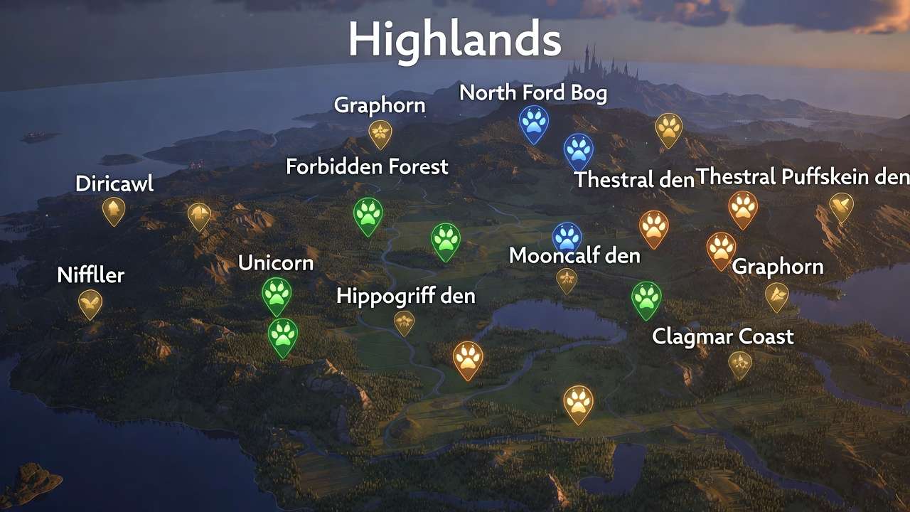 Hogwarts Legacy beast den map showing best locations for all 13 creatures including Unicorn, Graphorn, and Thestral
