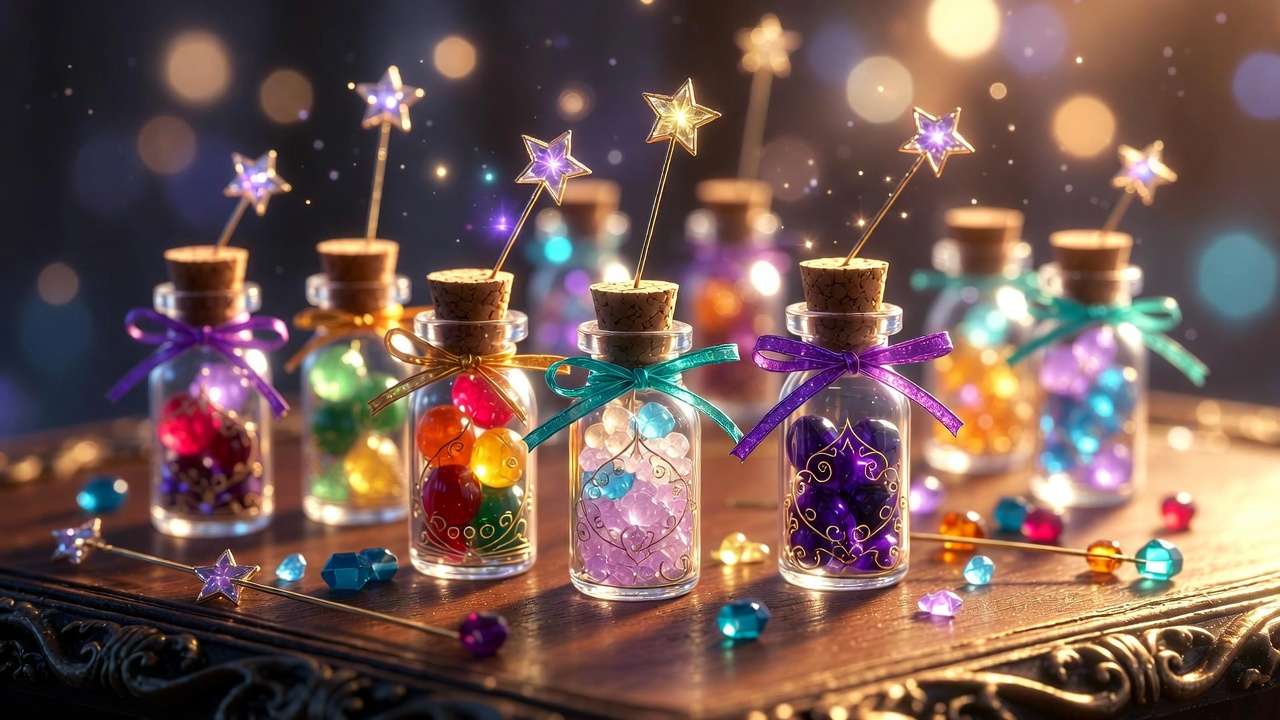 Potion bottle favors and mini wands for Harry Potter baby shower guests