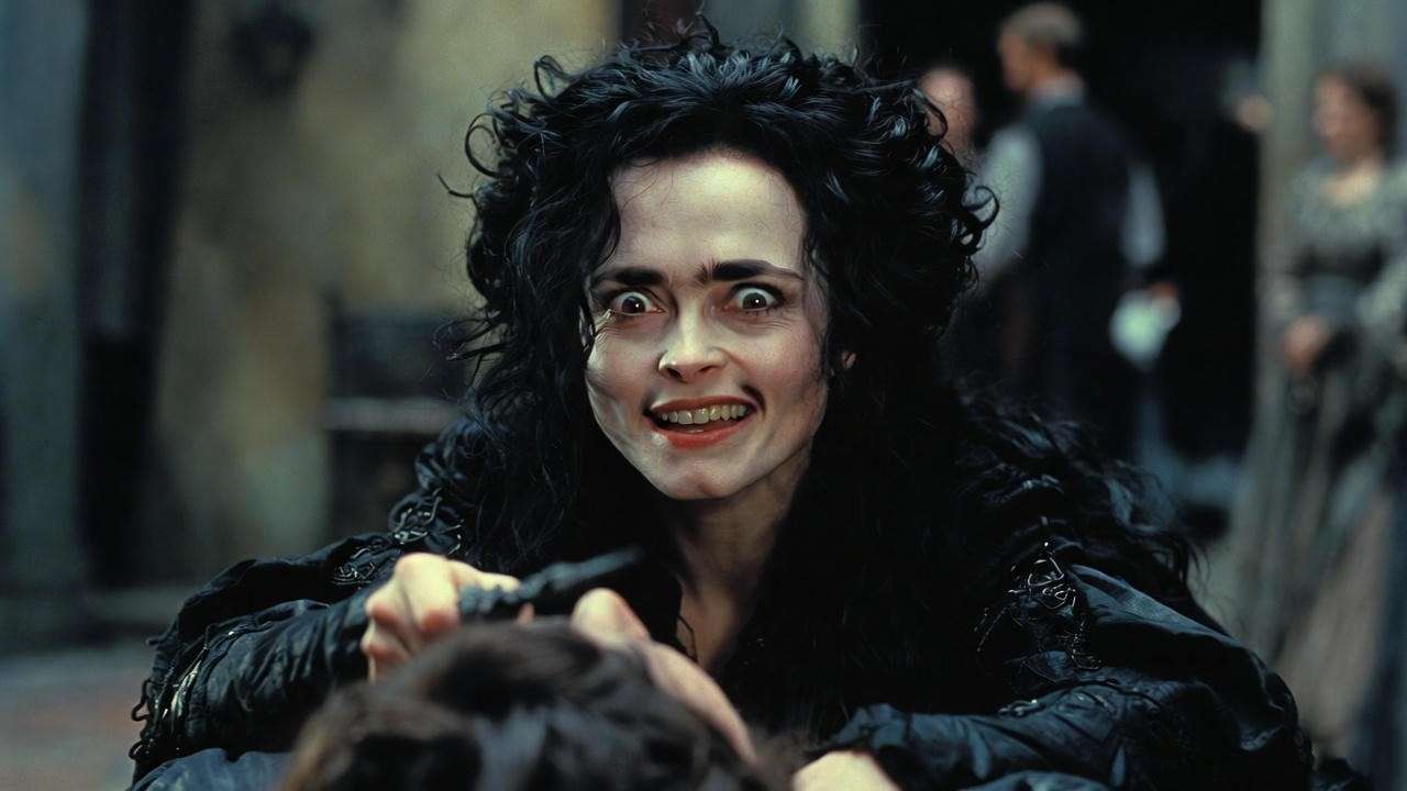 Helena Bonham Carter as Bellatrix Lestrange in Malfoy Manor torture scene from Harry Potter and the Deathly Hallows.